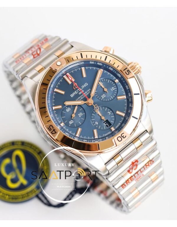 Yeni Breitling Chronomat B01 42mm Mavi Kadran Gold Bezel ETA