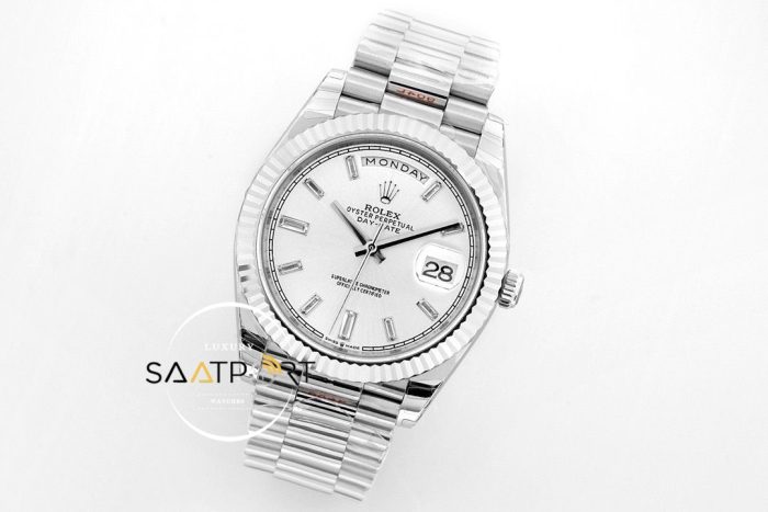 Rolex Day Date 40mm Beyaz Kadran Tırtıklı Bezel Super Clone ETA