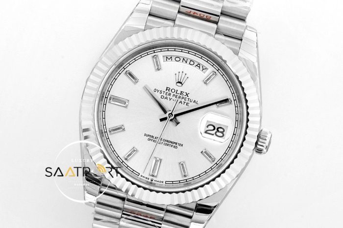 Rolex Day Date 40mm Beyaz Kadran Tırtıklı Bezel Super Clone ETA