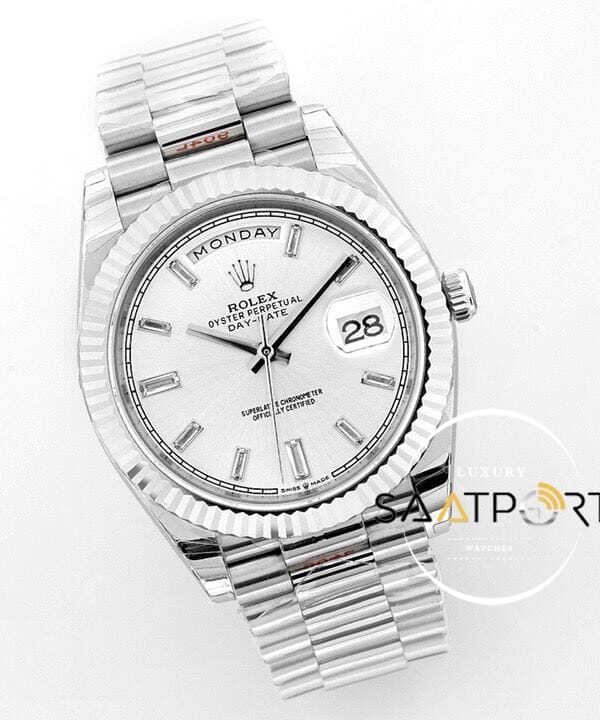 Rolex Day Date 40mm Beyaz Kadran Tırtıklı Bezel Super Clone ETA