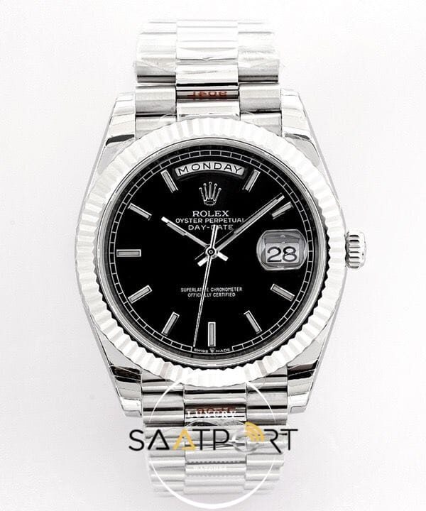 Rolex Day Date 40mm Siyah Kadran Tırtıklı Bezel Super Clone ETA