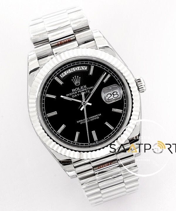 Rolex Day Date 40mm Siyah Kadran Tırtıklı Bezel Super Clone ETA