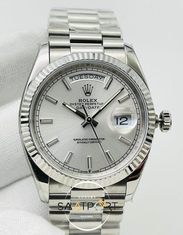 Rolex Day Date Gümüş Kadran 40mm 904L Çelik Super Clone ETA
