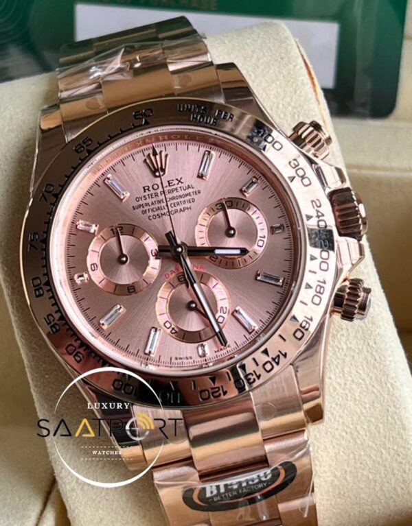 Rolex Daytona 116505 BT Factory Taşlı Pembe Kadran 40 mm 904L Çelik Kasa Super Clone ETA