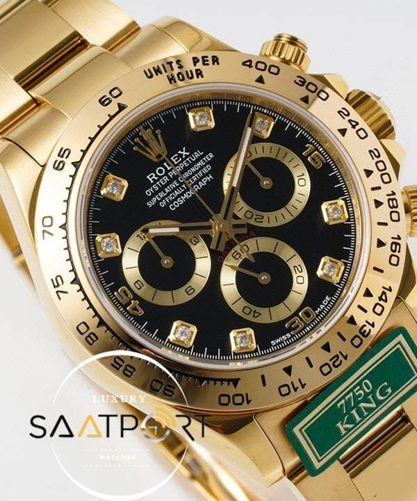 Rolex Daytona 116508 King Factory Taşlı Siyah Kadran 40 mm Gold Kasa Super Clone ETA