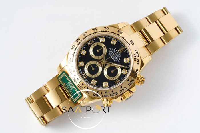 Rolex Daytona 116508 King Factory Taşlı Siyah Kadran 40 mm Gold Kasa Super Clone ETA