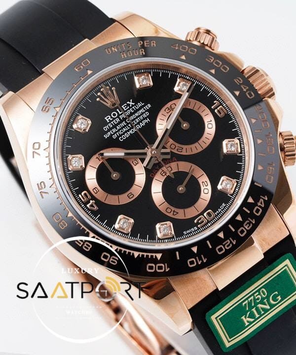 Rolex Daytona 116515 King Factory Taşlı Siyah Kadran 40 mm 904L Rose Kasa Super Clone ETA