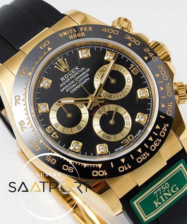 Rolex Daytona 116518 King Factory Taşlı Siyah Kadran 40 mm 904L Gold Kasa Super Clone ETA