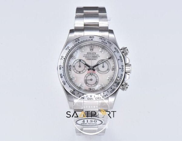 Rolex Daytona 904L Clean Factory 40 mm Taşlı Beyaz Kadran Super Clone ETA
