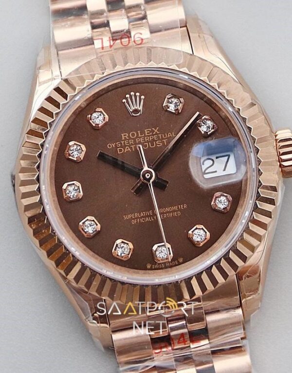 Rolex Lady Datejust 28mm Brown Dial Full Rose Eta Saat (8)