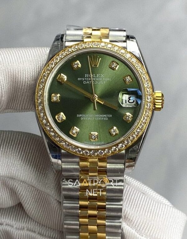 Rolex Datejust 31mm Yeşil Zeytin Pırlanta Kadran Super Clone Eta