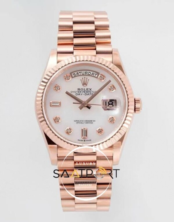 Rolex 128235 Day-Date Taşlı Beyaz Kadran 904L Rose 36mm 3255 ETA
