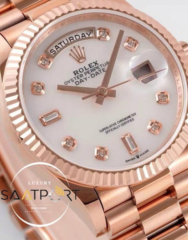 Rolex 128235 Day-Date Taşlı Beyaz Kadran 904L Rose 36mm 3255 ETA