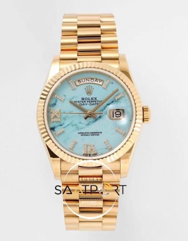Rolex 128238 Day-Date Taşlı Roma Rakamlı Turkuaz Kadran 904L Gold 36mm 3255 ETA