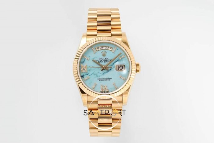 Rolex 128238 Day-Date Taşlı Roma Rakamlı Turkuaz Kadran 904L Gold 36mm 3255 ETA