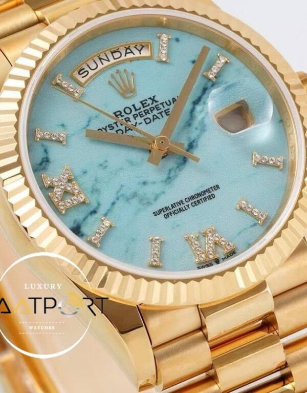 Rolex 128238 Day-Date Taşlı Roma Rakamlı Turkuaz Kadran 904L Gold 36mm 3255 ETA