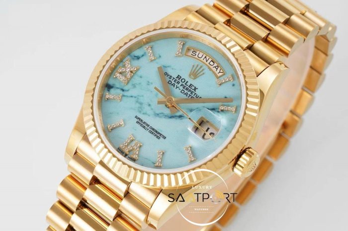 Rolex 128238 Day-Date Taşlı Roma Rakamlı Turkuaz Kadran 904L Gold 36mm 3255 ETA