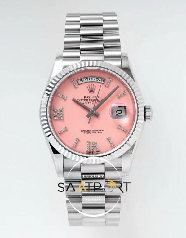 Rolex Day-Date 128236 904L Çelik 36mm Taşlı Pembe Kadran 3255 ETA