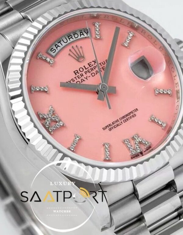 Rolex Day-Date 128236 904L Çelik 36mm Taşlı Pembe Kadran 3255 ETA
