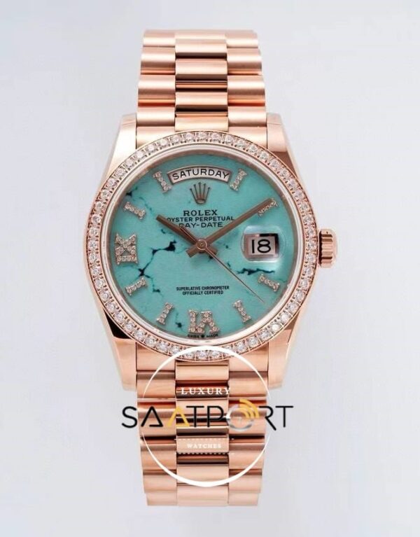 Rolex Day-Date 128345 904L Rose 36mm Turkuaz Taşlı Bezel 3255 ETA