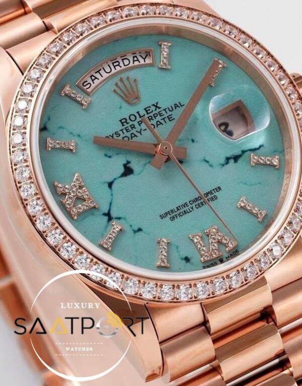 Rolex Day-Date 128345 904L Rose 36mm Turkuaz Taşlı Bezel 3255 ETA