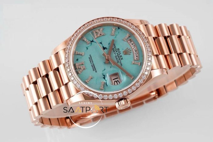 Rolex Day-Date 128345 904L Rose 36mm Turkuaz Taşlı Bezel 3255 ETA