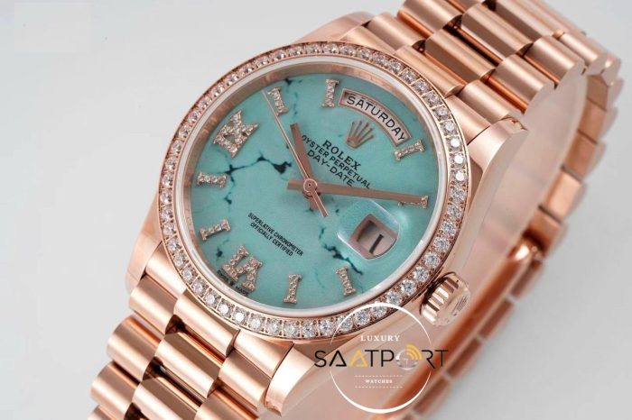 Rolex Day-Date 128345 904L Rose 36mm Turkuaz Taşlı Bezel 3255 ETA