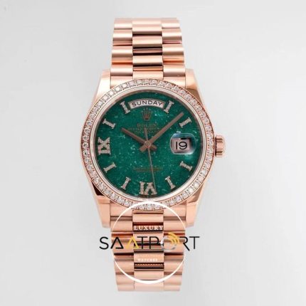 Rolex Day-Date 128395 904L Rose 36mm Yeşil Aventurin Kadran 3255 ETA