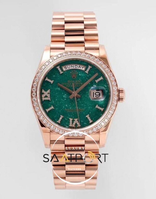 Rolex Day-Date 128395 904L Rose 36mm Yeşil Aventurin Kadran 3255 ETA