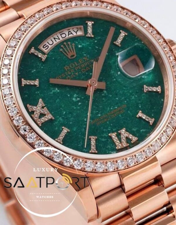 Rolex Day-Date 128395 904L Rose 36mm Yeşil Aventurin Kadran 3255 ETA