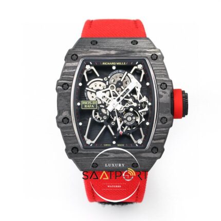 Richard Mille NTPT RM35-01 RAFA Siyah Gri Karbon Kasa Dokuma Kırmızı Velcro Kayış BBRF ETA