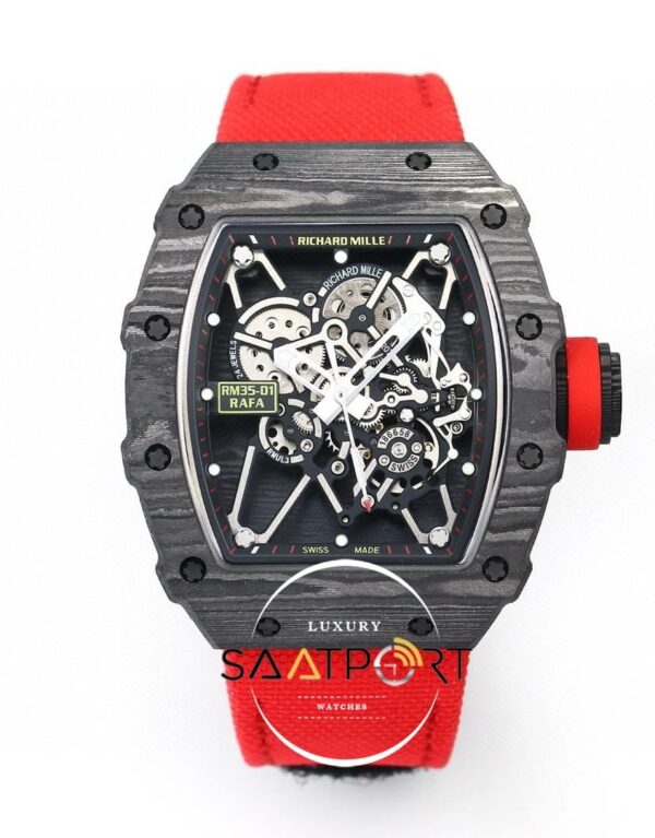 Richard Mille NTPT RM35-01 RAFA Siyah Gri Karbon Kasa Dokuma Kırmızı Velcro Kayış BBRF ETA