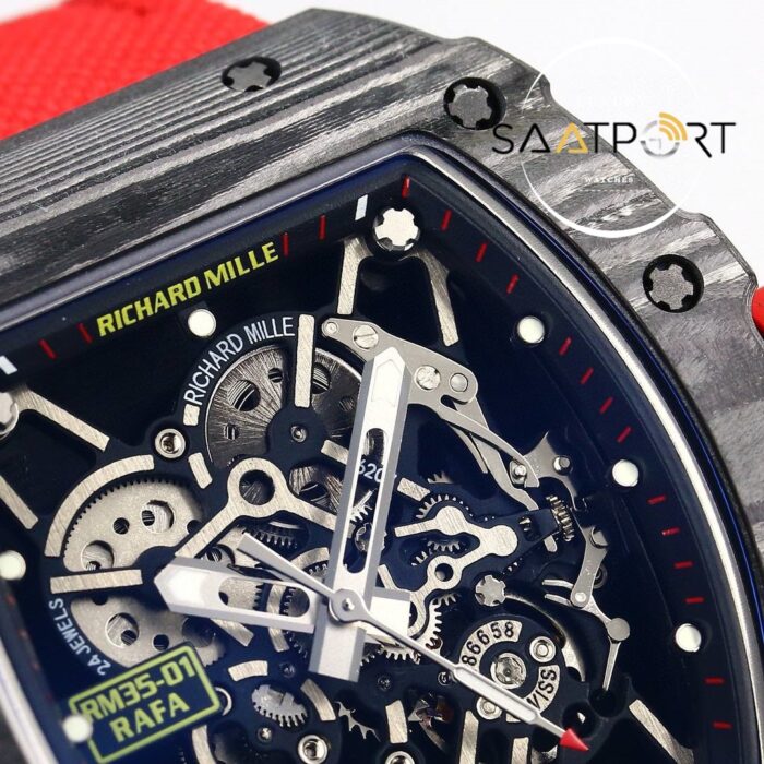 Richard Mille NTPT RM35-01 RAFA Siyah Gri Karbon Kasa Dokuma Kırmızı Velcro Kayış BBRF ETA