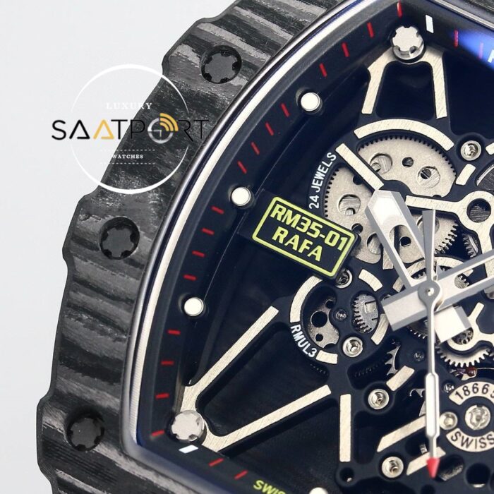 Richard Mille NTPT RM35-01 RAFA Siyah Gri Karbon Kasa Dokuma Kırmızı Velcro Kayış BBRF ETA