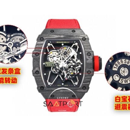 Richard Mille NTPT RM35-01 RAFA Siyah Gri Karbon Kasa Dokuma Kırmızı Velcro Kayış BBRF ETA