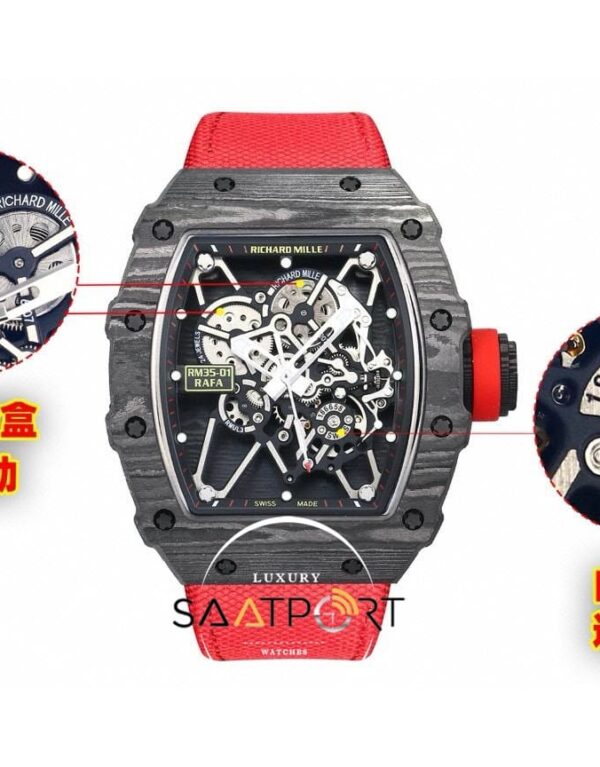 Richard Mille NTPT RM35-01 RAFA Siyah Gri Karbon Kasa Dokuma Kırmızı Velcro Kayış BBRF ETA