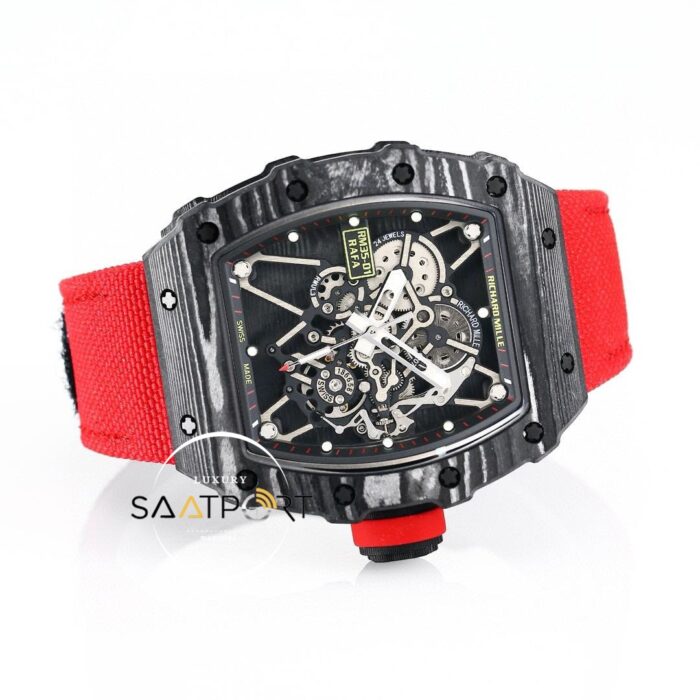 Richard Mille NTPT RM35-01 RAFA Siyah Gri Karbon Kasa Dokuma Kırmızı Velcro Kayış BBRF ETA