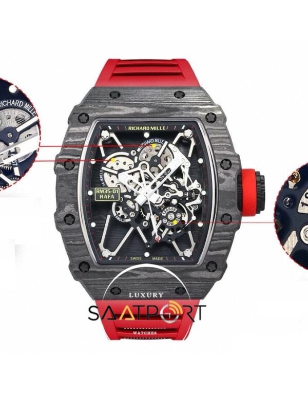 Richard Mille RM35-01 RAFA Siyah Gri Karbon Kasa Kırmızı Kauçuk BBRF ETA
