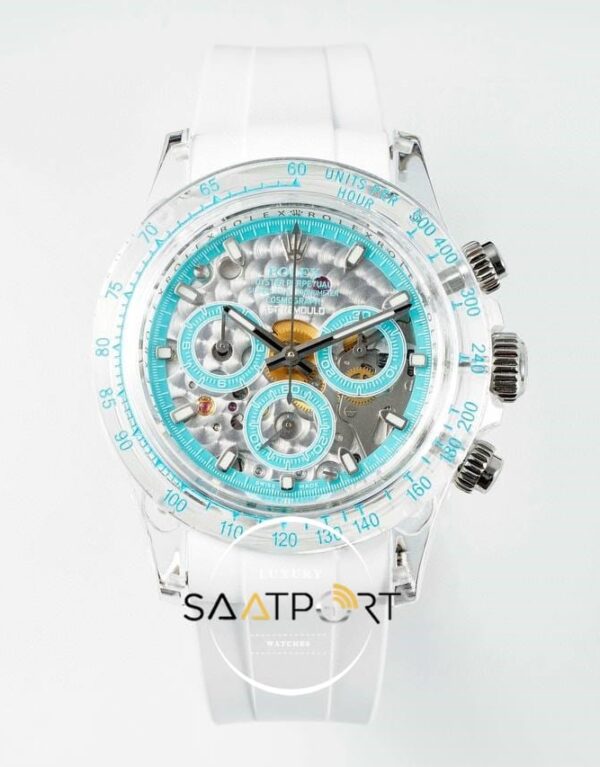Rolex Daytona AET Remould 4130 Şeffaf Kasa Chronograph Mavi Kadran 40mm Super Clone ETA