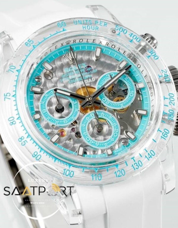 Rolex Daytona AET Remould 4130 Şeffaf Kasa Chronograph Mavi Kadran 40mm Super Clone ETA