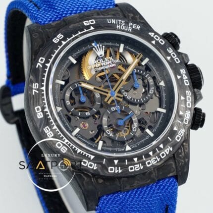 Rolex Daytona Carbon Fiber 40mm DiW Skeleton Dial Blue Strap 4130 ETA