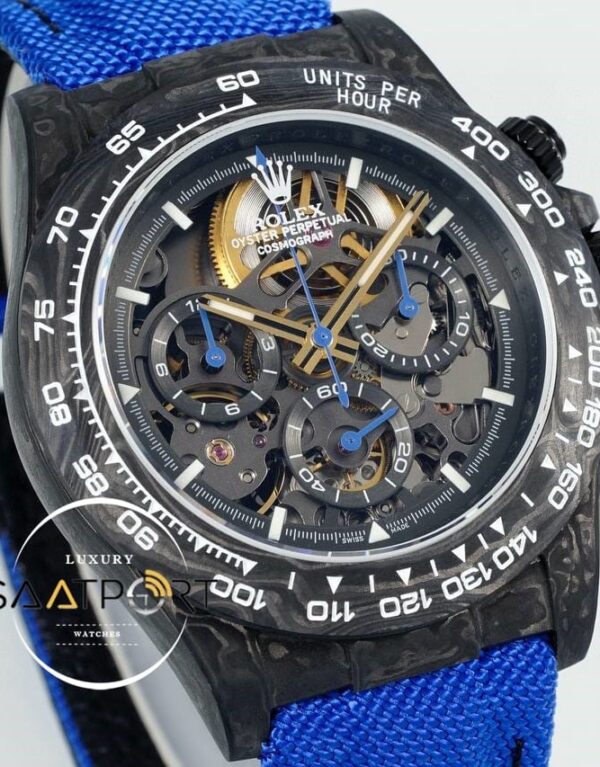 Rolex Daytona Carbon Fiber 40mm DiW Skeleton Dial Blue Strap 4130 ETA