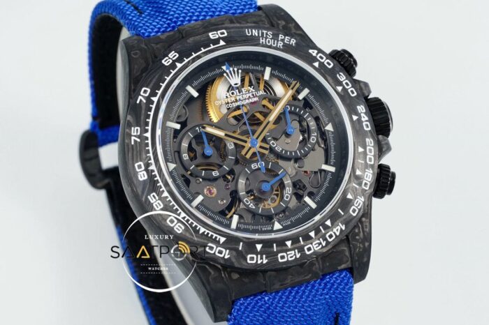 Rolex Daytona Carbon Fiber 40mm DiW Skeleton Dial Blue Strap 4130 ETA