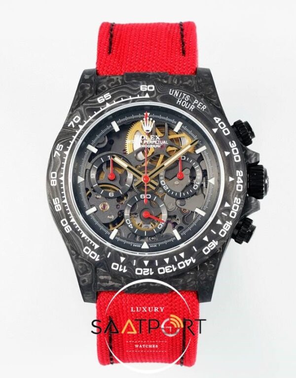 Rolex Daytona Carbon Fiber 40mm DiW Skeleton Dial Red Strap 4130 ETA
