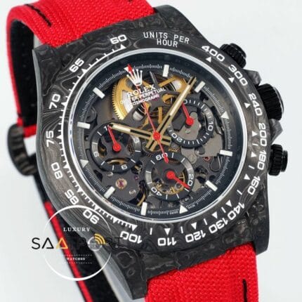 Rolex Daytona Carbon Fiber 40mm DiW Skeleton Dial Red Strap 4130 ETA
