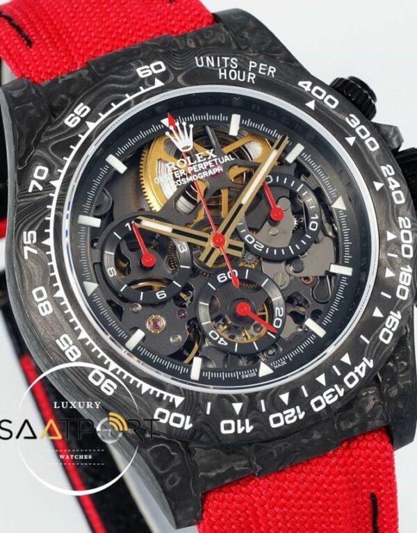 Rolex Daytona Carbon Fiber 40mm DiW Skeleton Dial Red Strap 4130 ETA