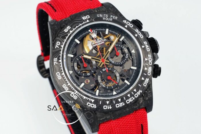 Rolex Daytona Carbon Fiber 40mm DiW Skeleton Dial Red Strap 4130 ETA