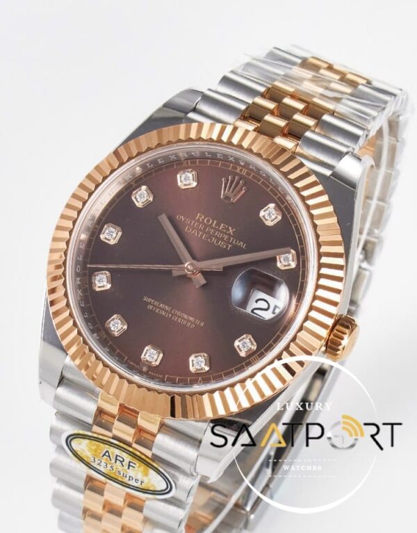Rolex Datejust 41mm Taşlı Kahve Kadran Arf Factory 126331 Rose Çelik 3235 Super Clone ETA