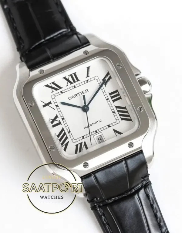 Cartier Santos WSSA0018 Beyaz Roman Kadran Siyah Deri 40mm 1847 MC Super Clone ETA