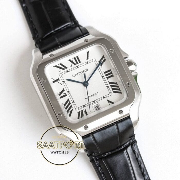 Cartier Santos WSSA0018 Beyaz Roman Kadran Siyah Deri 40mm 1847 MC Super Clone ETA